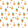 Sweet vector pattern . Cupcakes . Cherries , strawberries .